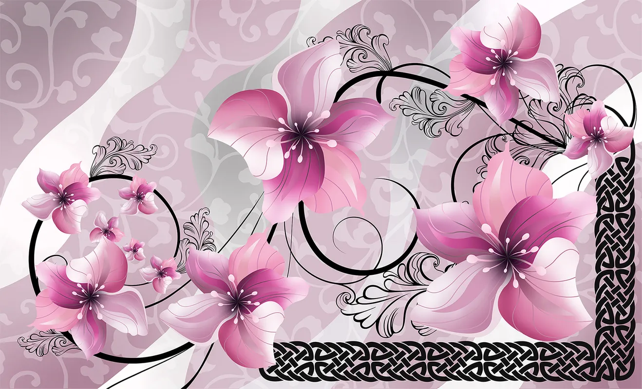 3d, 3д,  цветы, цветок, узор, орнамент, розовый, фиолетовый, черный