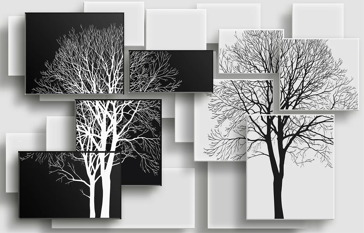 3d, 3д,  дерево, деревья, черный, белый, черно-белый, квадрат, квадраты, ветки, картина