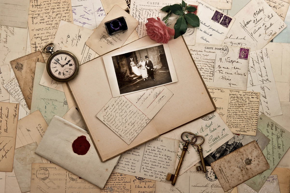 предметы, письма, фотография, часы, роза, ключ, бежевые
