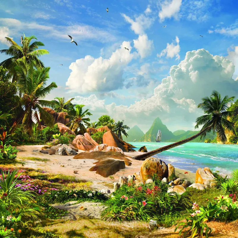 полинезия, дикий пляж, пляж, эксклюзивные, голубые, зеленые, бежевые, море, пальма, пальмы, птицы, небо, облака