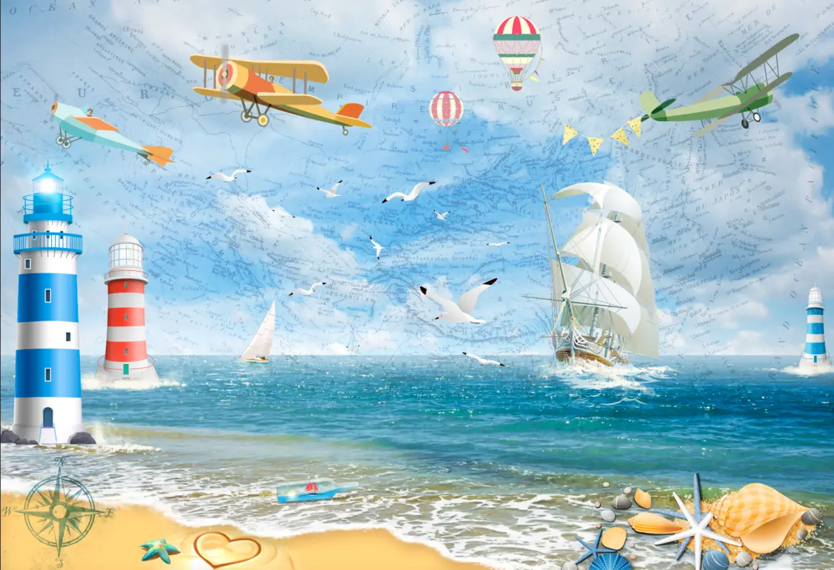 детские, маяк, море, самолет, корабль, воздушный шар, чайки, парусники, ракушки, морские звезды, песок, берег, голубой, синий, красный, желтые, желтый, голубые, синие, красные, карта