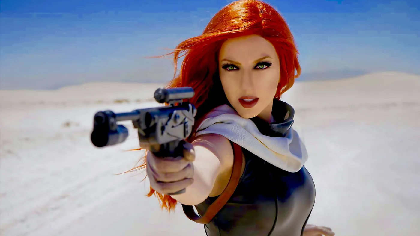 девушка с рыжими волосами, оружие, небо, пустыня, песок, голубые, бежевые, оранжевые