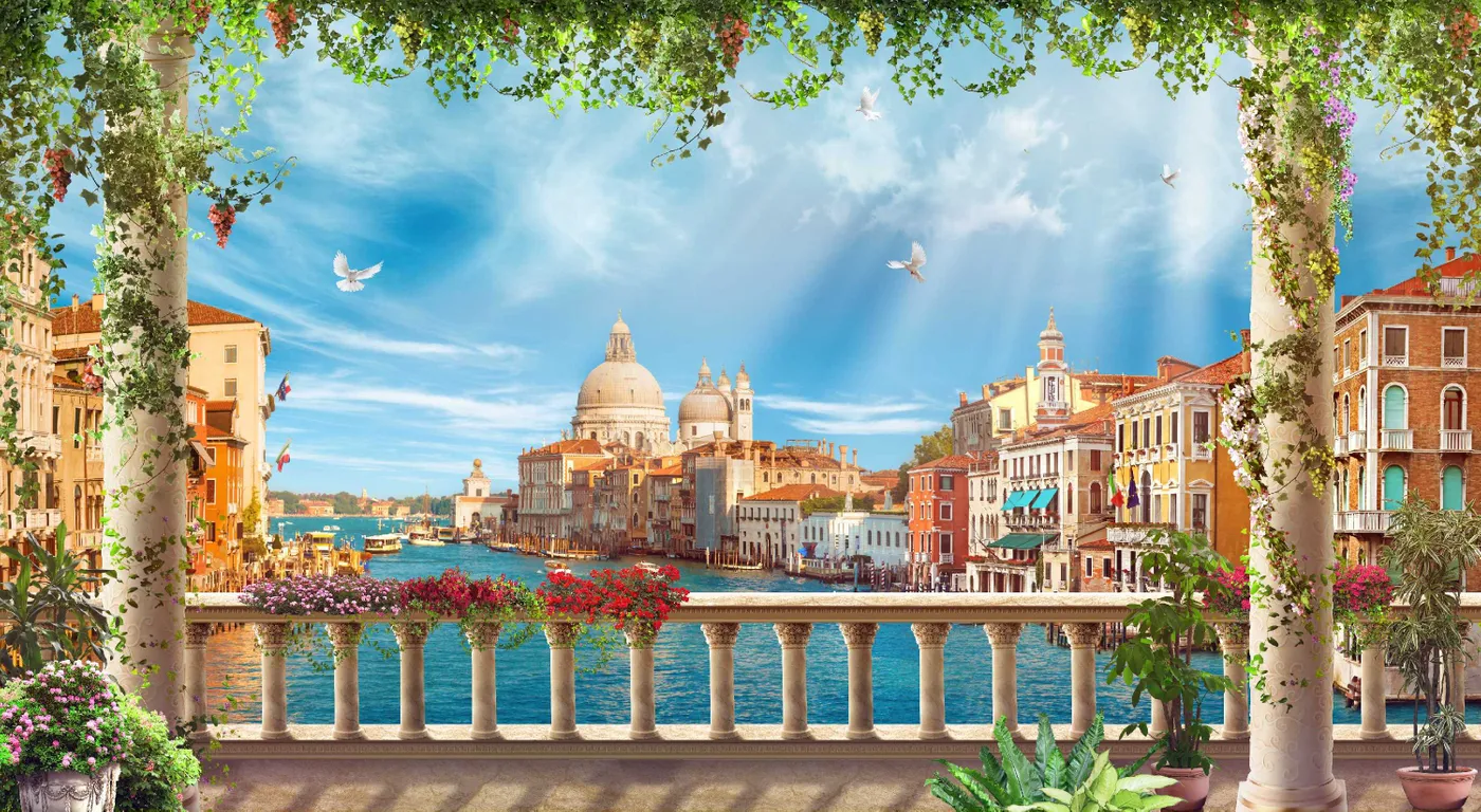 вид, вид на венецию, эксклюзивные, голубые, бежевые, зеленые, балясины, терраса,  венеция, балкон, перила, колонны, город