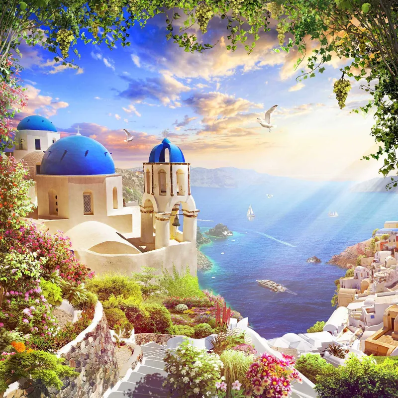 Санторини, Греция, город, эксклюзивные, голубые, бежевые, городок, море, спуск, синие, зеленые, небо