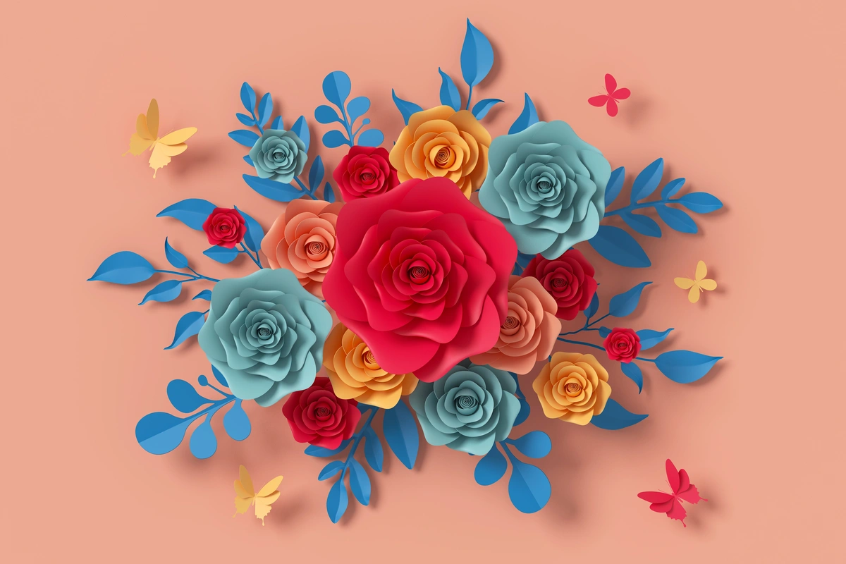 оригами, цветы, лепестки, бабочки, розы, голубые, розовые