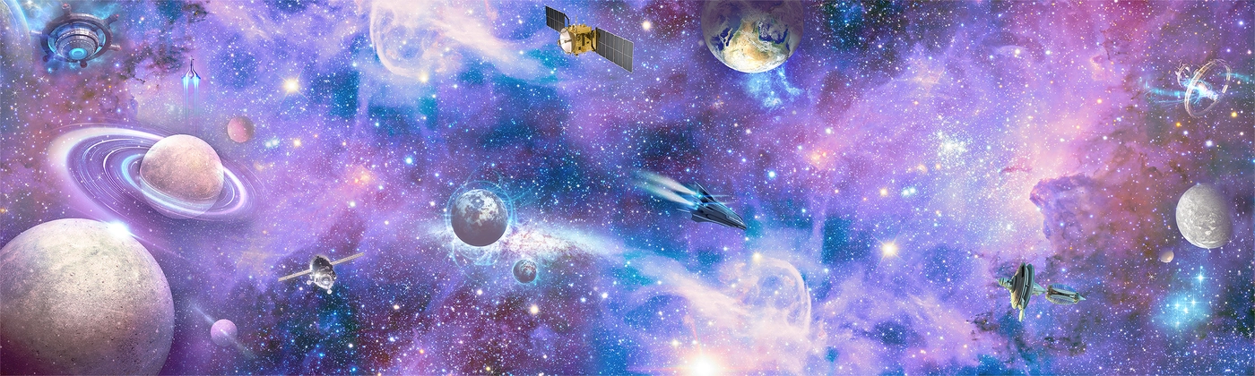 космос, космический, фантастика, планеты, планета, панорама, небо, метеорит, звезды, спутник, детские, фиолетовый, синий