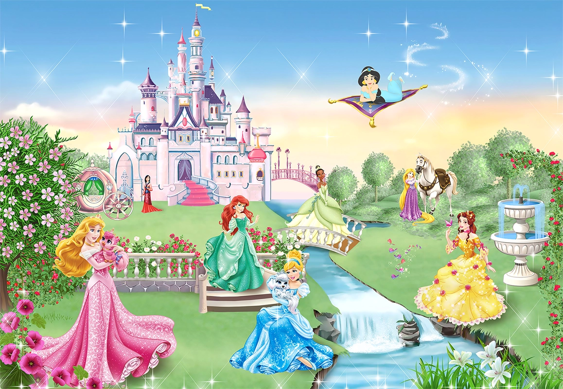 детские, для девочек, принцессы, замок, деревья, цветы, поляна, фонтан, ручей, зелёные, голубые, розовые