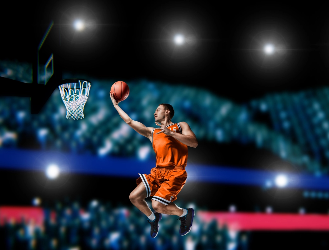 спортсмен, баскетбол, игра, мяч, баскетбольное кольцо, прыжок, чёрные, голубые, оранжевые