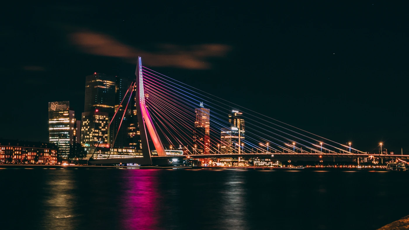 мост, Эразма, ночь, Роттердам, Нидерланды, город, огни, дома, чёрные, розовые