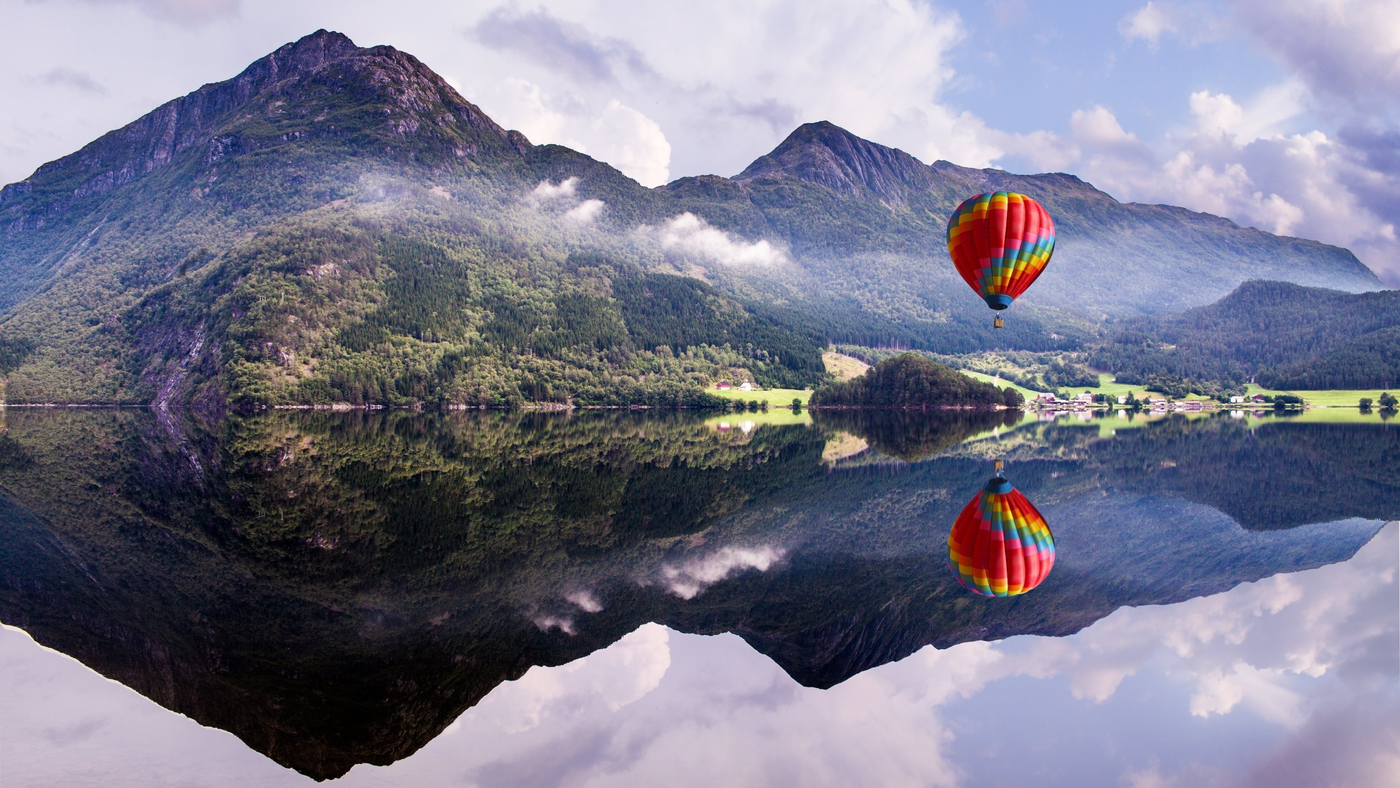озеро, горы, воздушный шар, небо, лес, вода, отражение