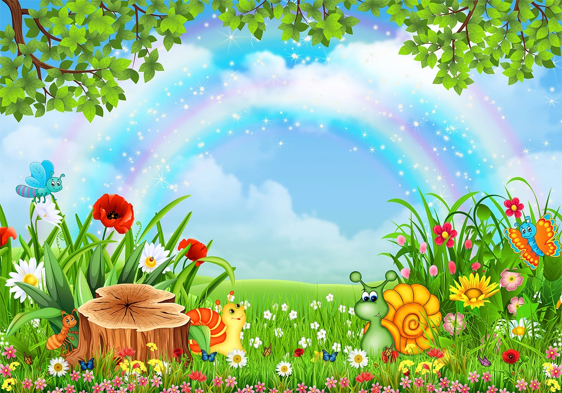 детские, поляна, радуга, небо, облака, улитка, пенек, жучки, бабочка, салатовый, голубой, желтый, красный, цветы, деревья