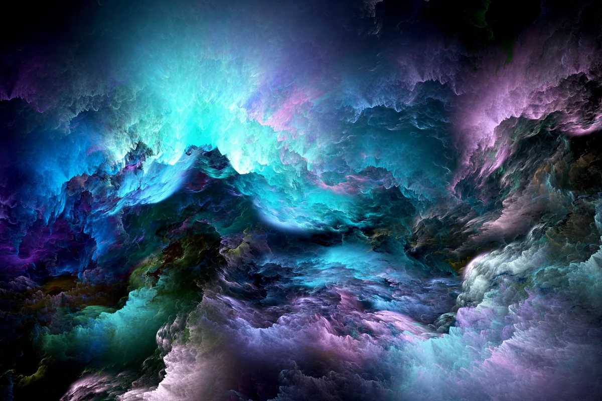 Абстрактная, 3D Графика, психоделическая туманность, Космос, белые, синие, зелёные, фиолетовые