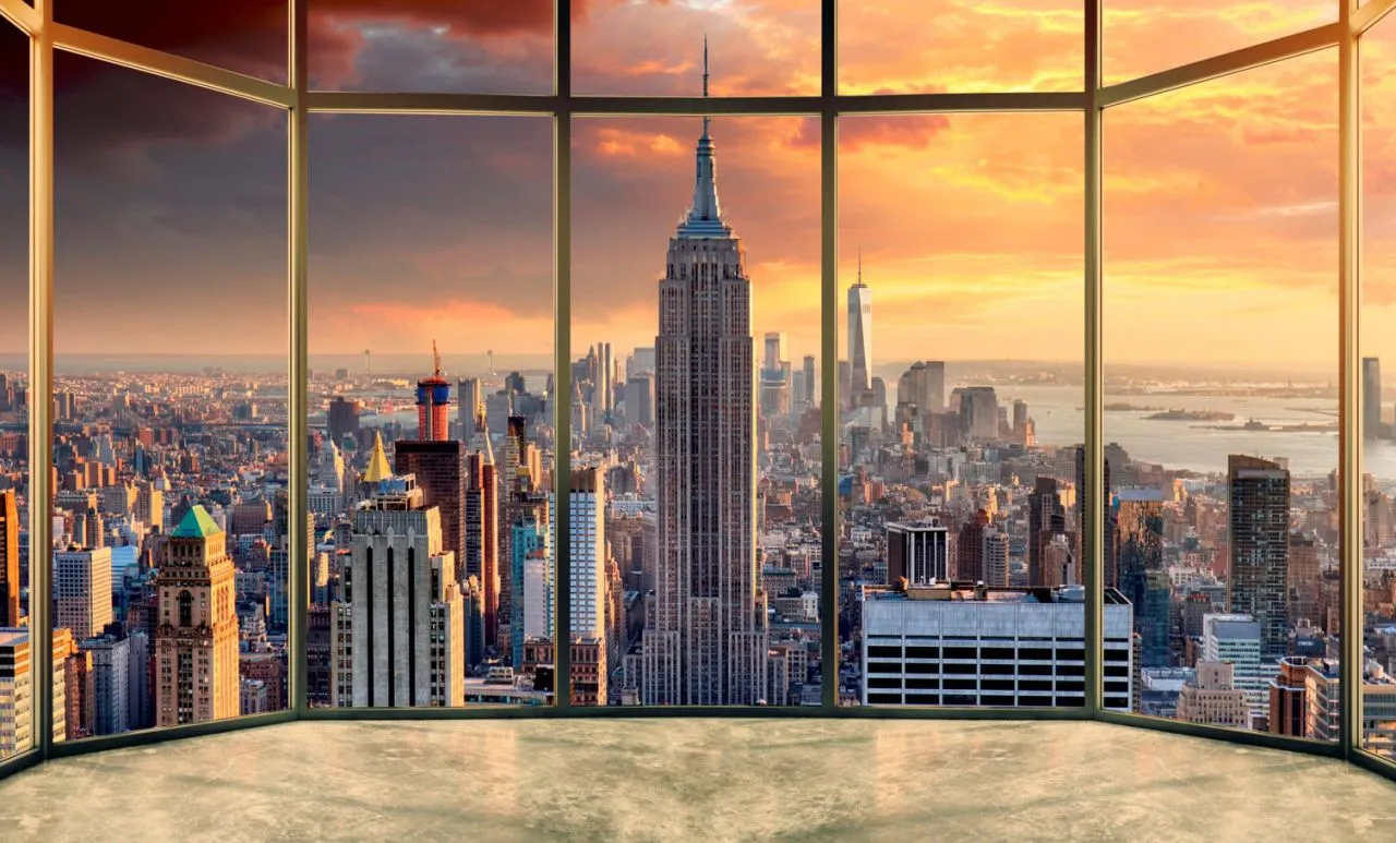 3d, 3д, окно, город, города, Нью-Йорк, мегаполис, вид из окна, небо
