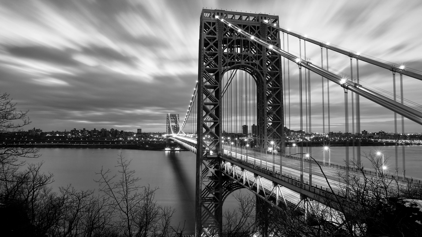 нью-йорк, мост, бруклин, черно-белые, белые, огни, черные