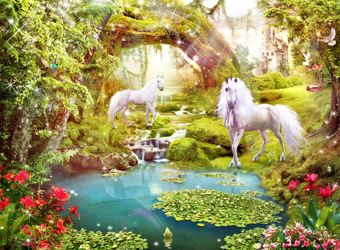 детские, сказочный лес, лошадь, лошади, пруд, поляна, цветы, зеленый, салатовый, замок