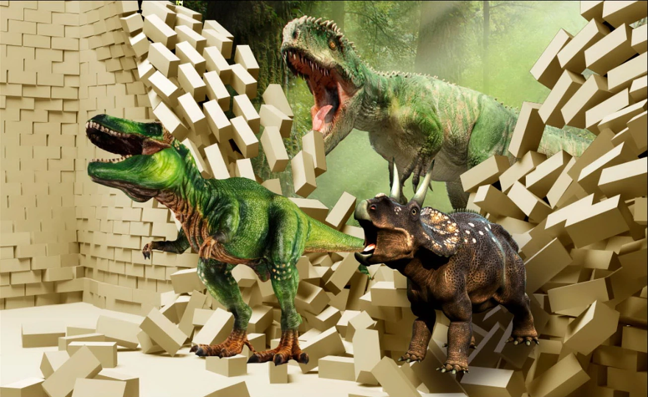 3D стена, динозавры, бежевые, зелёные, детские, для детской, для мальчика
