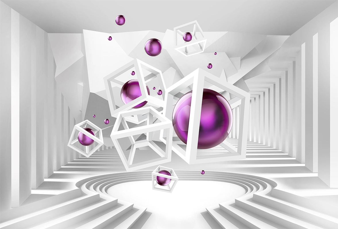 абстракция, невесомость, шары, квадраты, куб, тунель, фиолетовые, белые