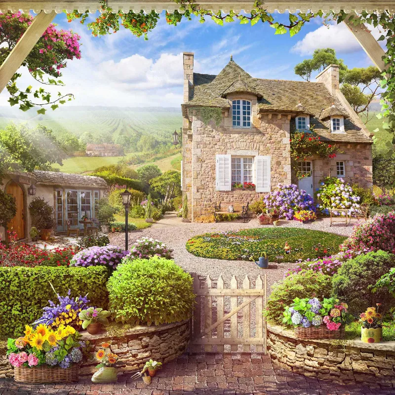 дом, забор, цветы, эксклюзивные, бежевый, фонарь, дворик, вид, зеленый, вьюны, поле, цветок