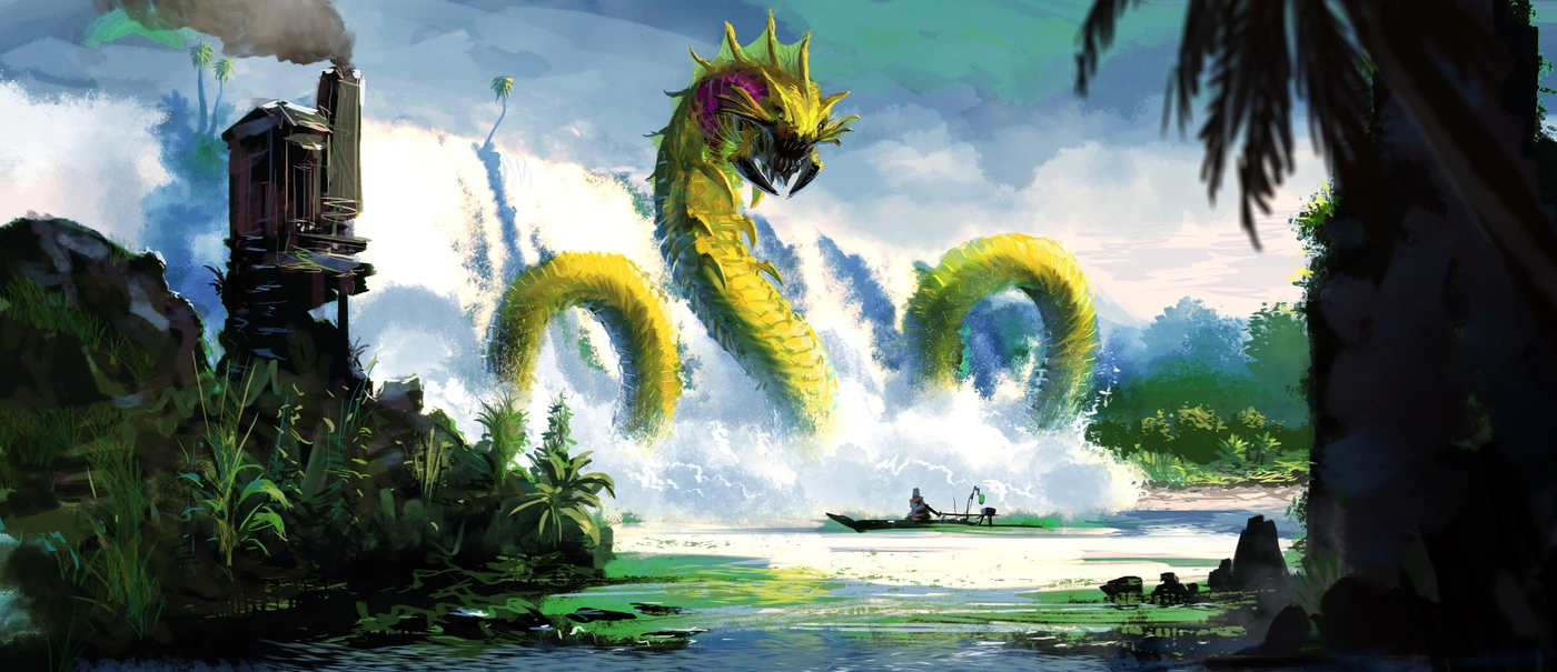 дракон, монстр, озеро, деревья, избушка, голубые, зелёные, белые