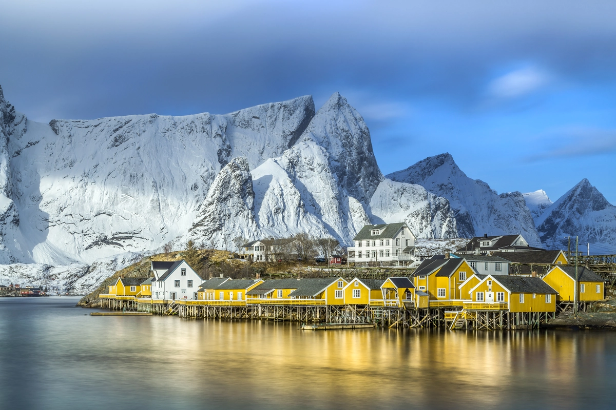 норвегия, лофотен, острова, рассвет, желтые, синие
