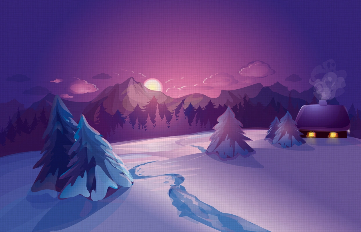 рисунок, зима, снег, избещка, горы, ёлки, фиолетовые