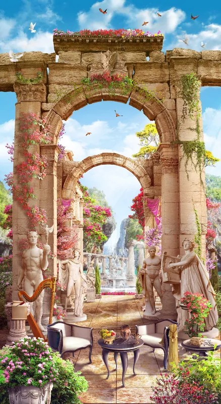 античный сад, сад, эксклюзивные, бежевые, коричневые, голубые, арки, арка, колонна, статуя, статуи, цветы, столик