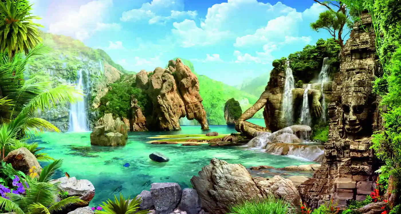 горы, гора, скалы, скульптура, озеро, водопад, водопады, пальма, пальмы, голубой, зеленый, коричневый, голубые, зеленые, коричневые, панорама