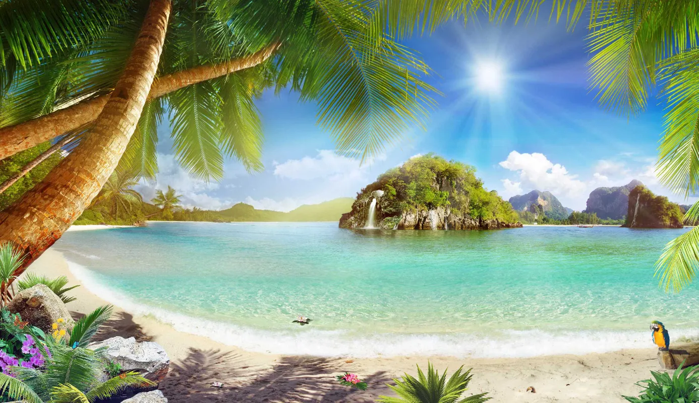 знойные тропики, эксклюзивные, солнце, остров, голубые, зеленые, коричневые, тропики, пляж, океан, пальмы, пальма, попугай, цветы