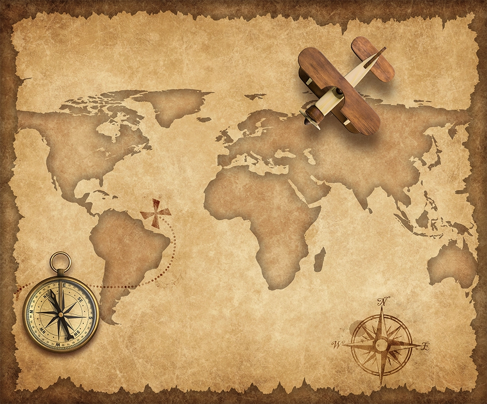 историческая карта, самолёт, компос, материки, коричневые