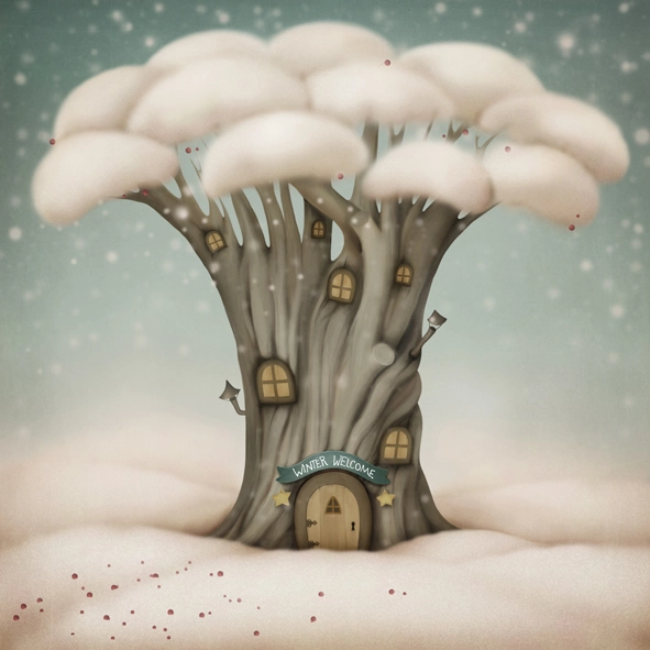 дерево, сказочное дерево, детские, зима, снег, синий, пастельный, свет в окошке