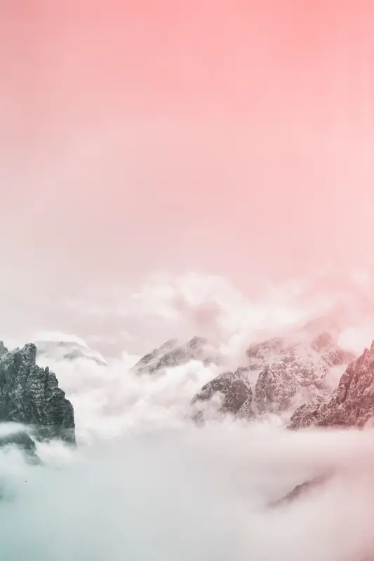 горы, облака, туман, розовое небо