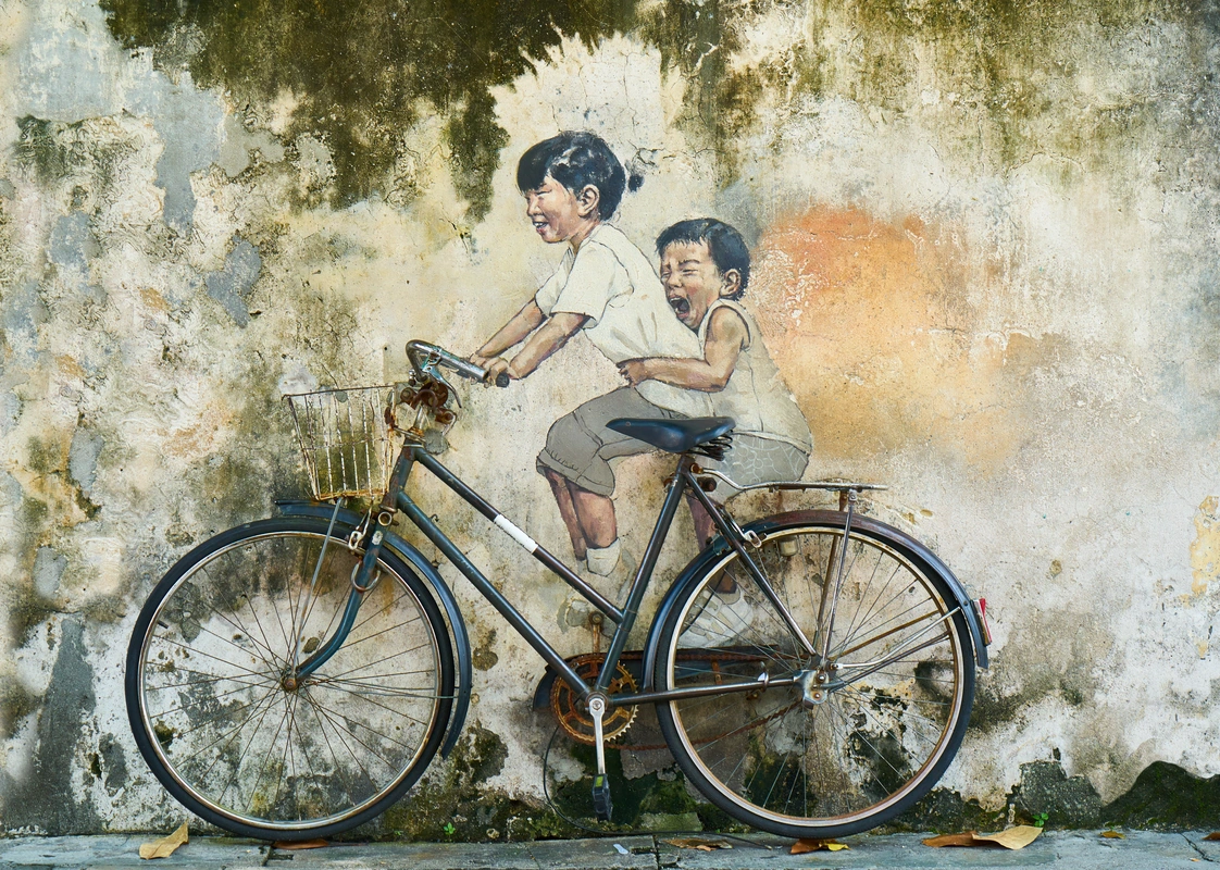 велосипед, дети, граффити, искусство, художественный, краска, стена, фон, старые, серые, зеленые
