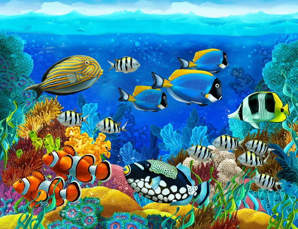 морское дно, рыбы, кораллы, подводный океан, детские, волны