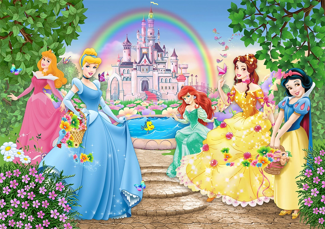 сказка, сказки, детские, белоснежка, принцесса, принцессы, радуга, замок, цветы, деревья, голубой, розовый, бирюзовый, желтый, бабочки, рыбка, фонтан
