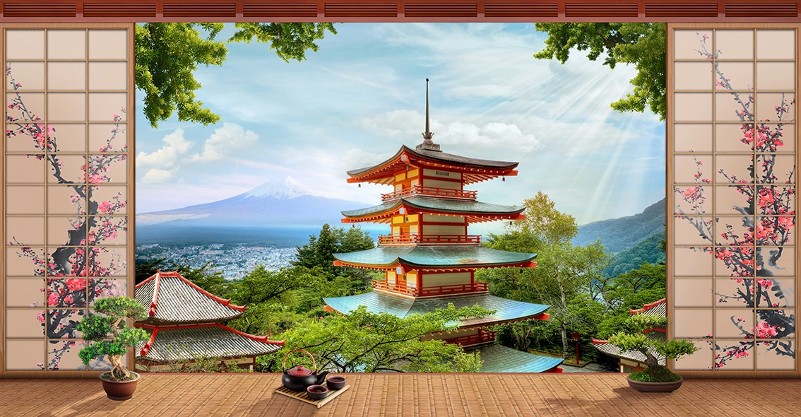 Япония, Китай, горы, гора, окно, бонсай, бежевые, голубые