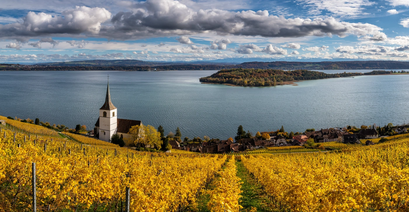 Швейцария, озеро, церковь, виноградник, осенний Лигерц