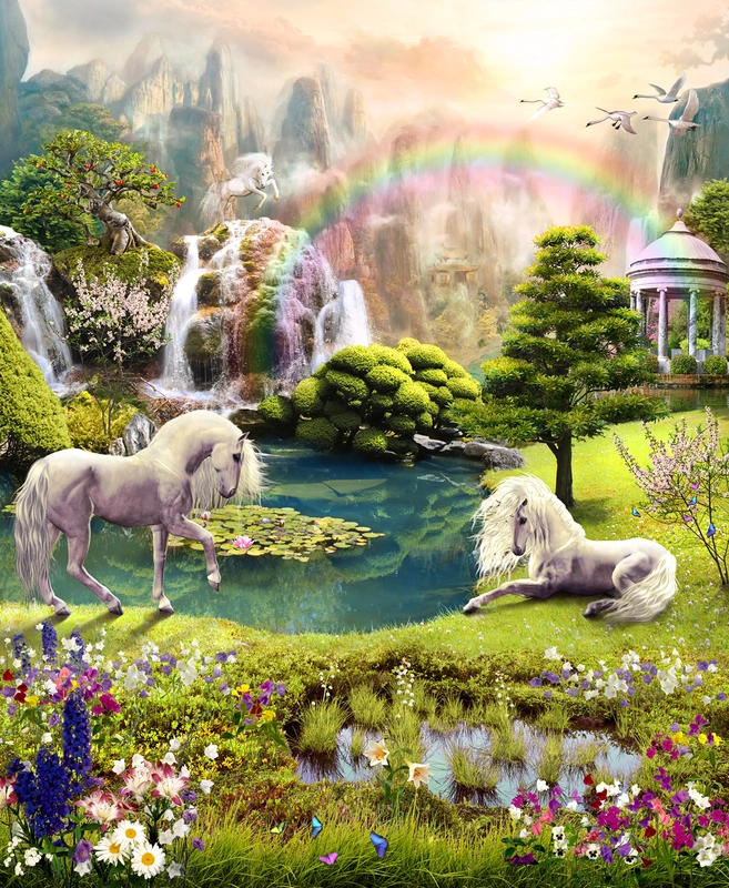 детские, сказочный лес, лошадь, лошади, пруд, поляна, цветы, зеленый, салатовый, радуга