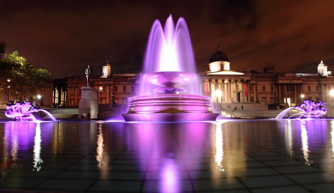 памятник, фонтан, свет, ночь, здание, архитектура, фиолетовые, коричневые, серые