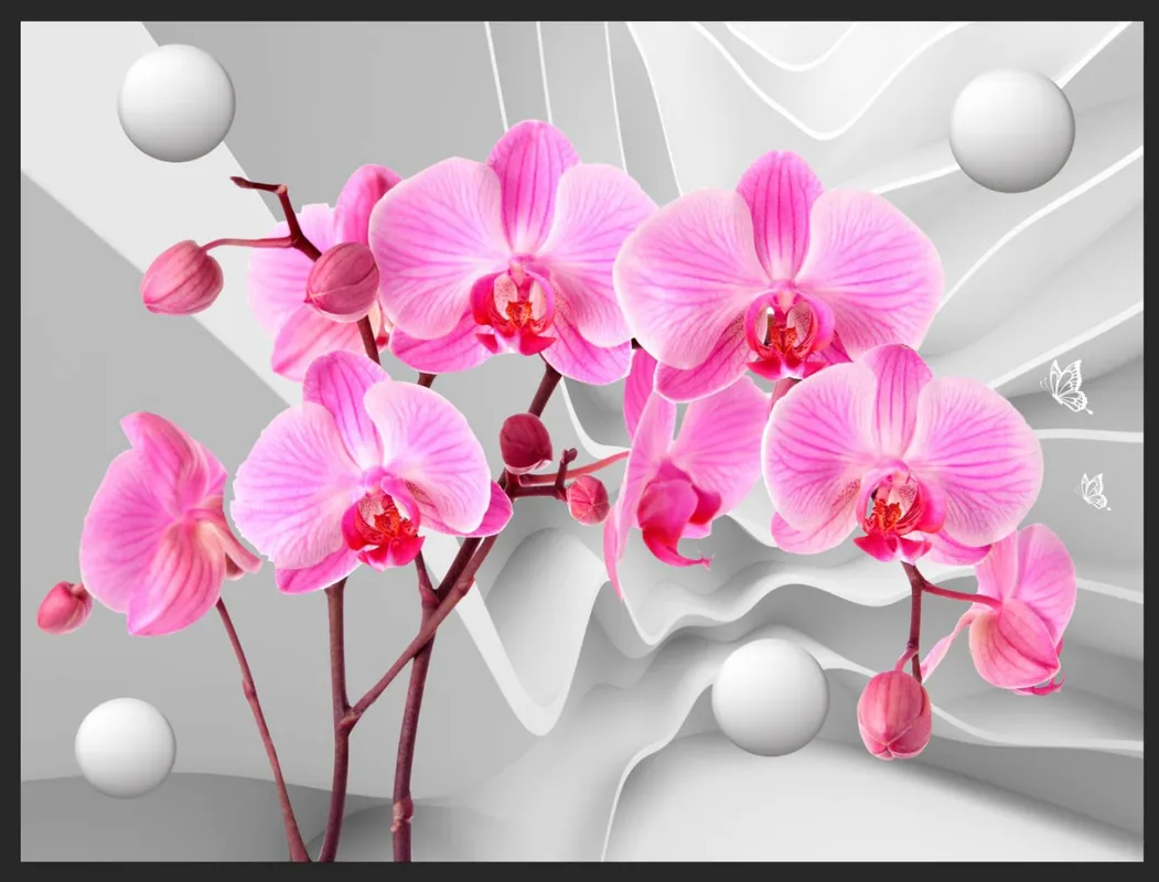 3d, 3д, орхидея, цветы, цветок, розовый, сиреневый, фотообои, шар, шары