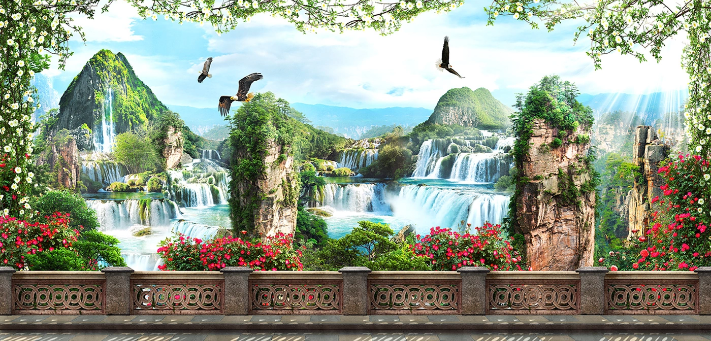 горы, гора, панорама, водопад, пейзаж, орел, птицы, цветы, голубые, зеленые, бежевые