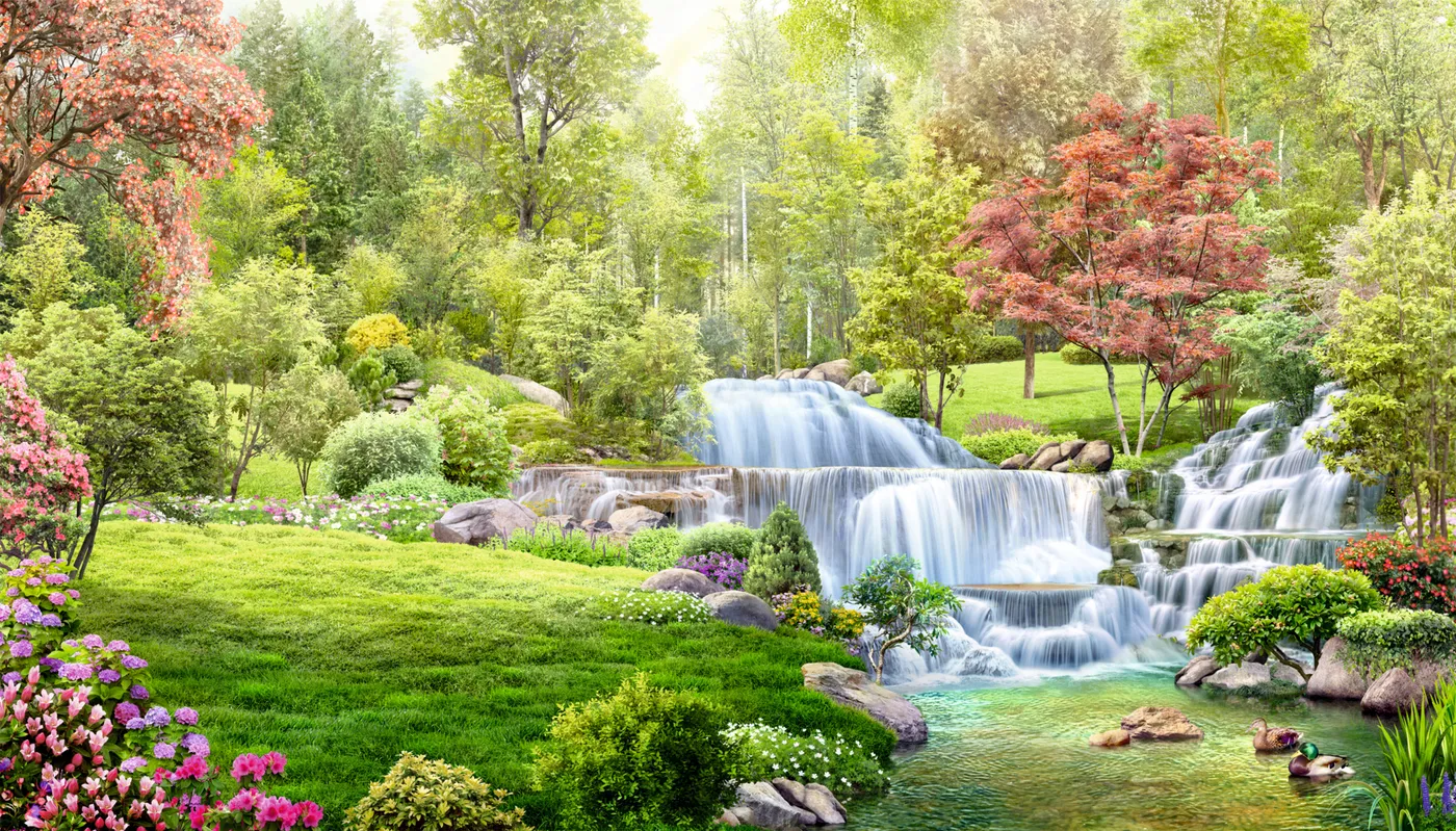 пейзаж, пейзажи, речка, водопад, цветы, деревья, кустарники, зеленые, розовые, лес, утки, птицы, листья