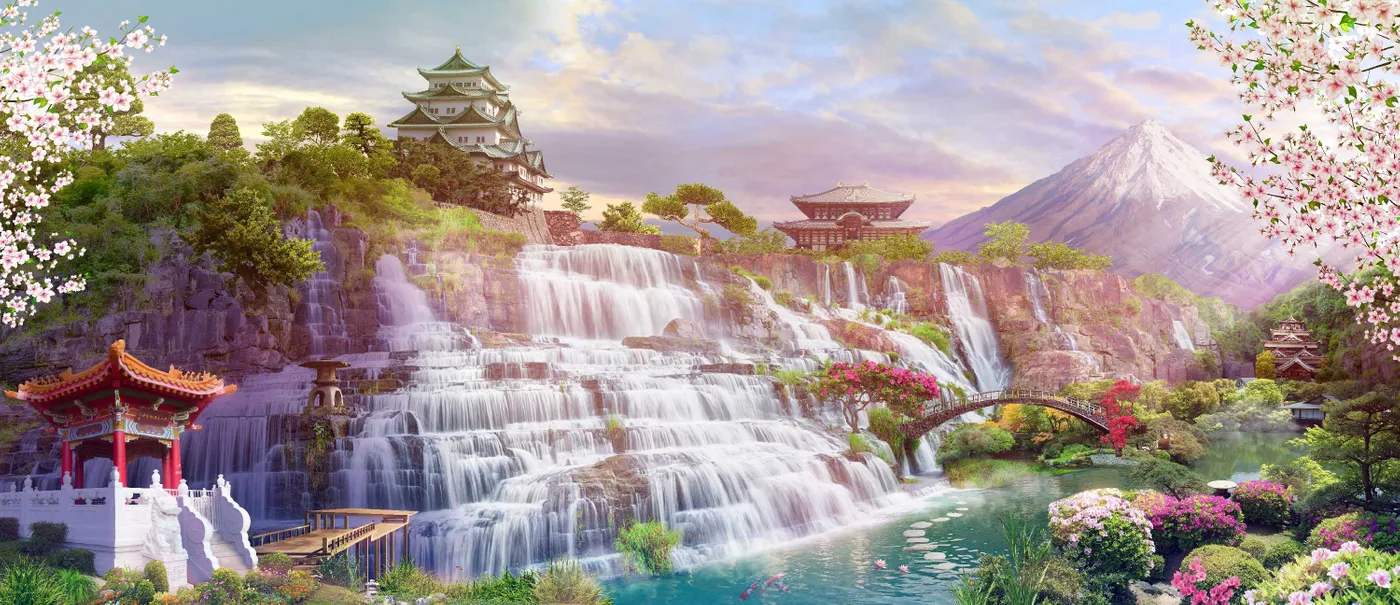 япония, водопады, водопад, эксклюзивные, голубые, фиолетовые, зеленые, сакура, дом, озеро, мост