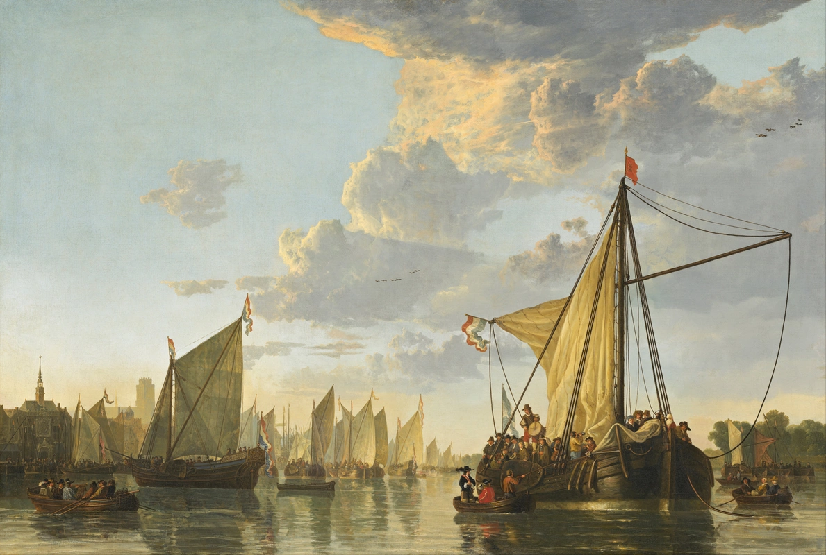 классическая живопись, Альберт Кейп, река Маас в Дордрехте, голландский живописец, бежевые, голубые, лодки, облака, репродукция, фреска