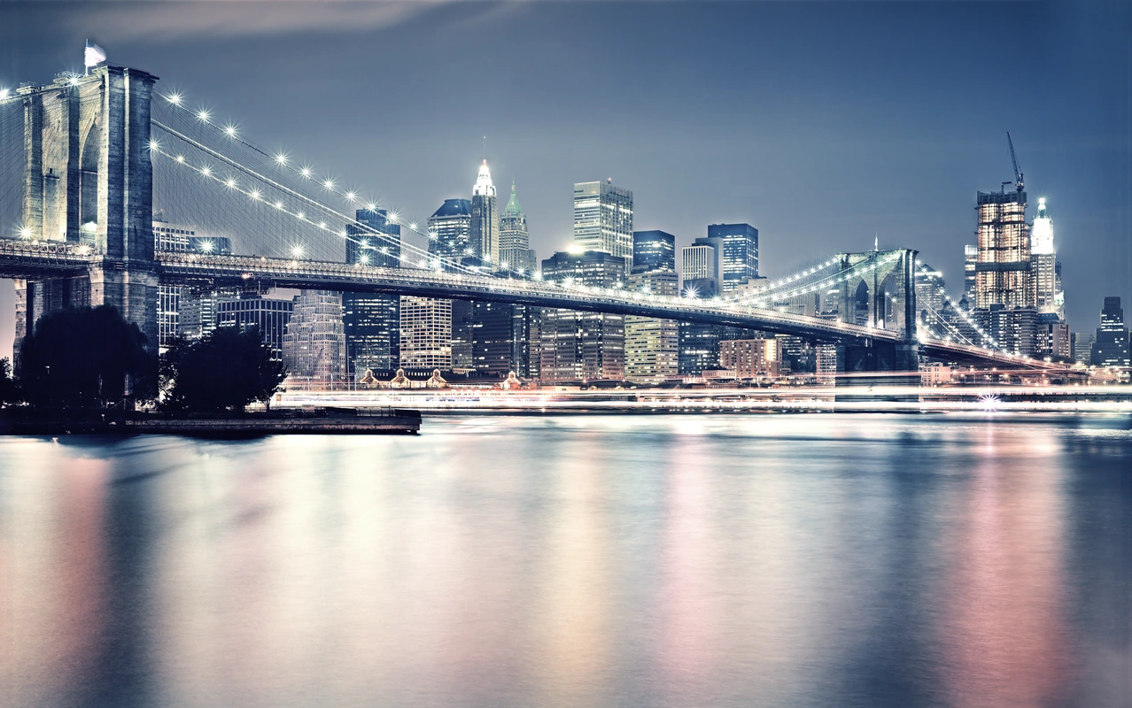 Нью-Йорк, мост, город, ночной город, синие, светлые, огни