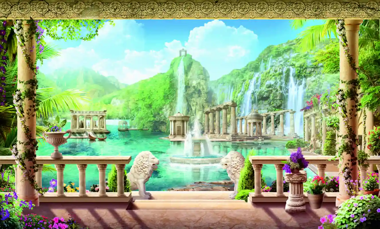 панорама, фонтан, море, терраса, зеленый, голубой, бежевый, колонны, колонна, горы, деревья, цветы, лев, львы, скульптура