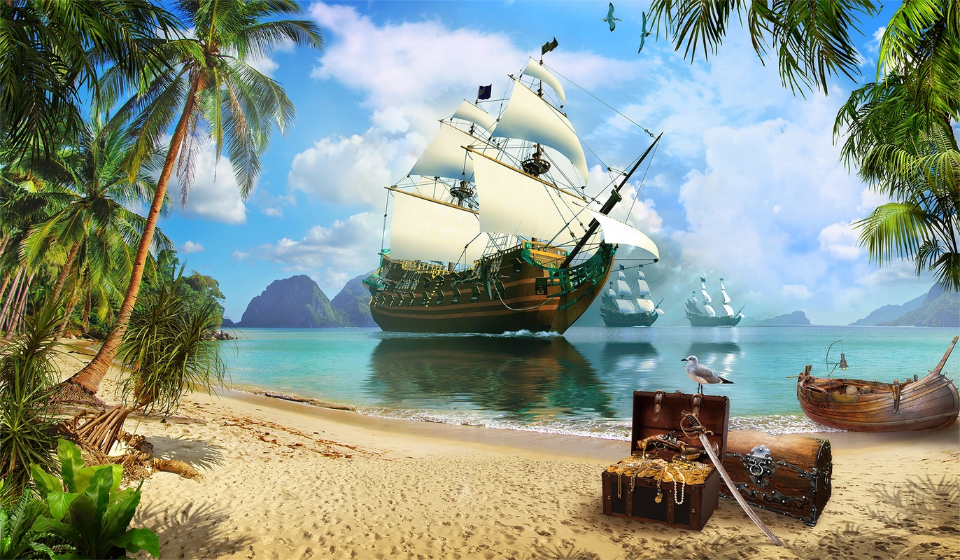 остров, пираты, сокровища, сундук, корабль, пальмы, море, пляж, берег, песок, остров сокровищ, сабля, лодка, небо, облака