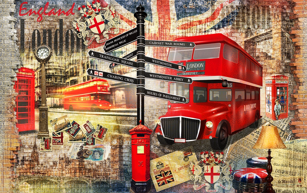 лондон, автобусы, дома, экскурсия, указатели, флаг, красные, бежевые