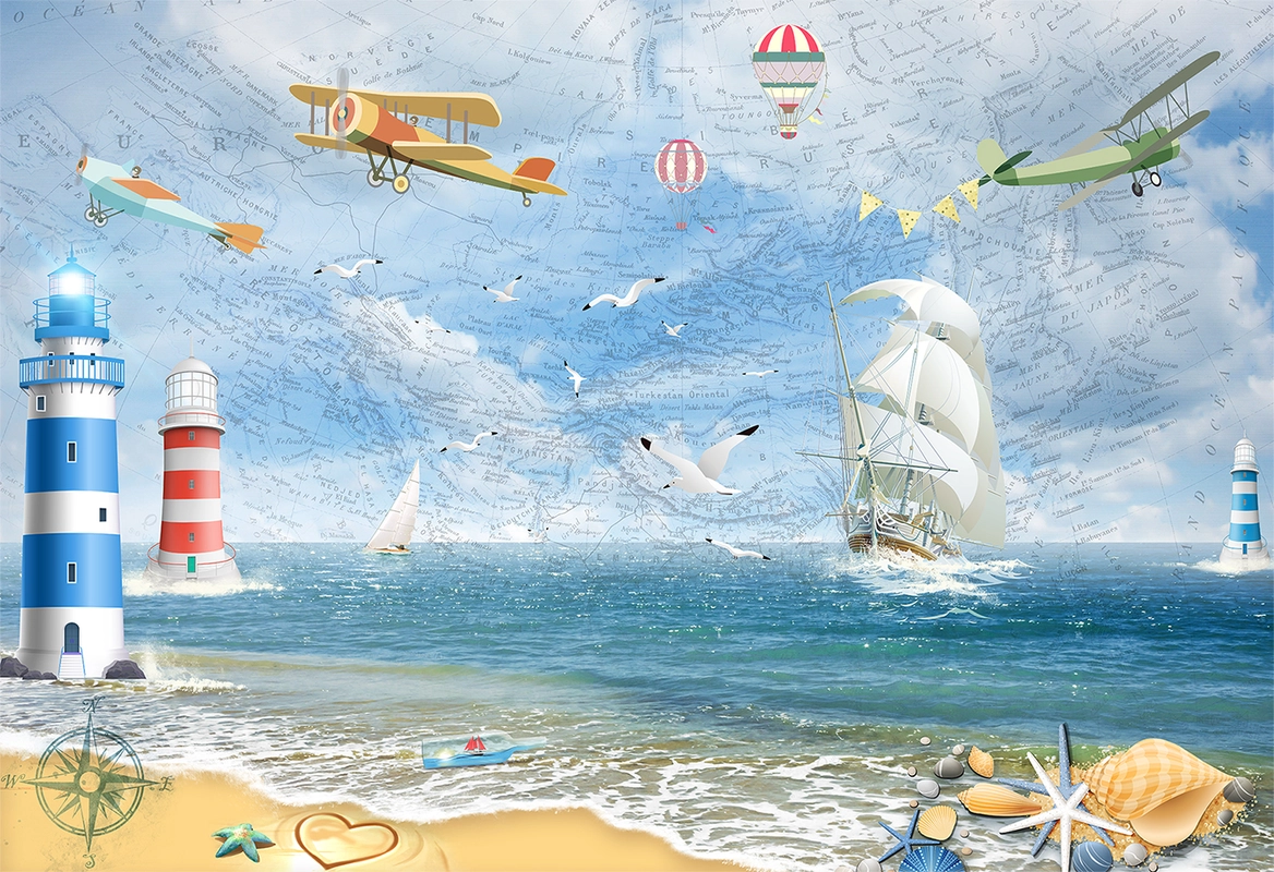 карта, детские, корабль, море, горы, маяк, компас, синий, голубой, ракушки, воздушный шар, самолет, аэроплан, волны, берег, паруса