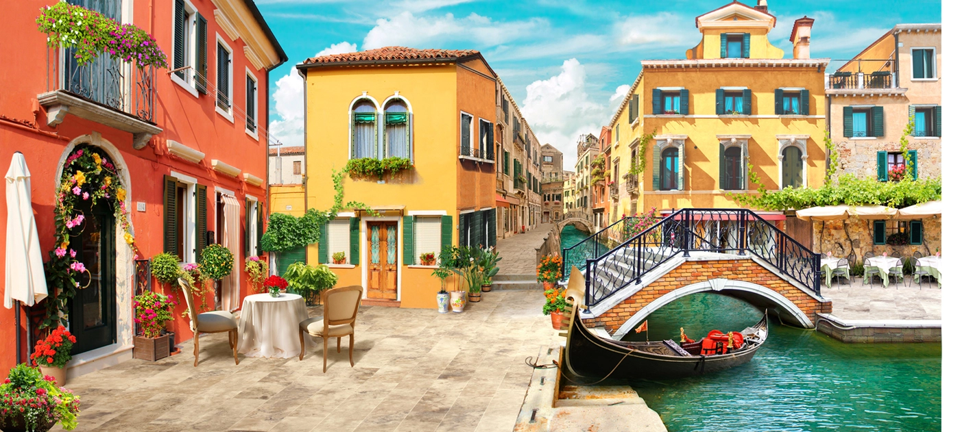 венеция, панорама, столик, гондола, желтые, красные, голубые, коричневые, HD