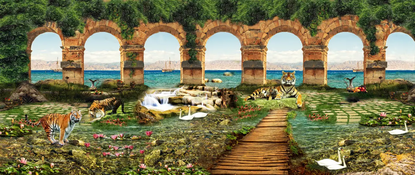 панорама, арка, арки, зеленый, голубой, бежевый, коричневый, зеленые, голубые, бежевые, коричневые, колонны, колонна, цветы, тигр, тигры, лебеди, водопад, корабль, горы